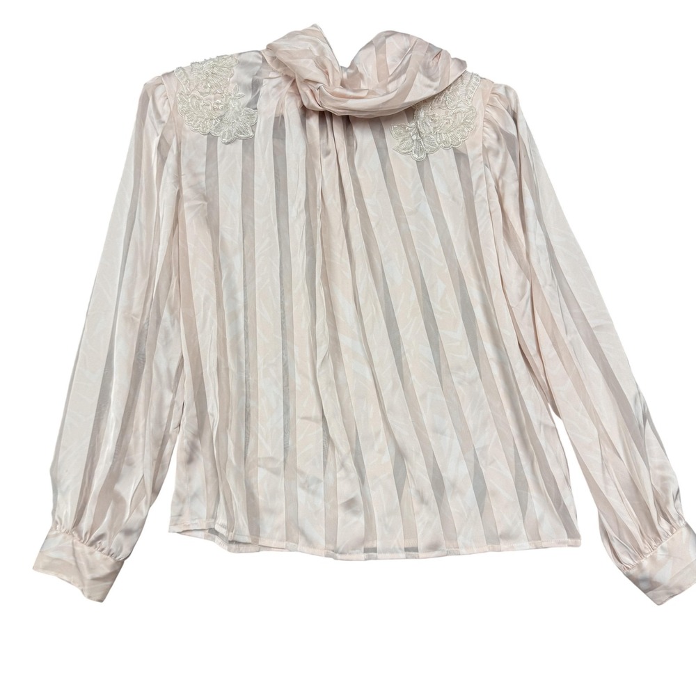 Vintage Worthington Blouse Womens 8 Petite Pink‎ Striped Beaded Mock Neck